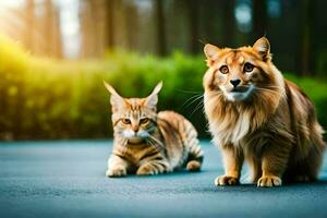 deux chats sont séance sur le route. généré par ai photo