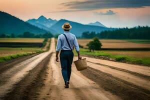 une homme en marchant vers le bas une saleté route avec une panier. généré par ai photo