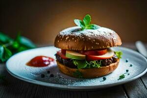 une Hamburger avec tomate, salade et ketchup sur une blanc plaque. généré par ai photo