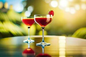 deux des lunettes de rouge boisson avec des fraises sur le tableau. généré par ai photo