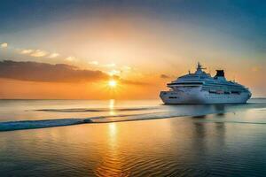 une croisière navire dans le océan à le coucher du soleil. généré par ai photo