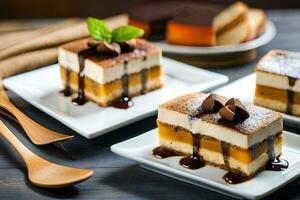 Trois pièces de dessert sur blanc assiettes. généré par ai photo