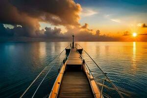 une bateau est amarré à le fin de une Dock à le coucher du soleil. généré par ai photo