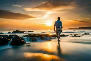 une homme en marchant sur le plage à le coucher du soleil. généré par ai photo