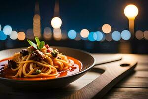 spaghetti avec Viande et tomate sauce dans une bol. généré par ai photo
