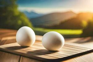 deux des œufs sur une en bois planche avec montagnes dans le Contexte. généré par ai photo