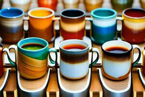 beaucoup différent coloré tasses sont doublé en haut sur une tableau. généré par ai photo