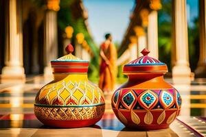 deux coloré des vases séance sur une sol. généré par ai photo