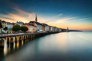 le ville de Lyon, France à le coucher du soleil. généré par ai photo