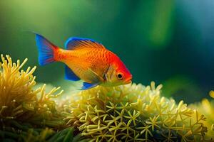 une poisson est séance sur Haut de certains vert les plantes. généré par ai photo