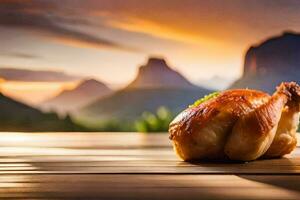 une poulet sur une en bois table avec montagnes dans le Contexte. généré par ai photo