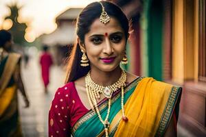 une magnifique femme dans une coloré sari. généré par ai photo