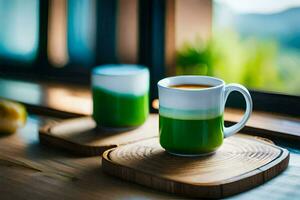 deux tasses de vert thé sur une en bois plateau. généré par ai photo