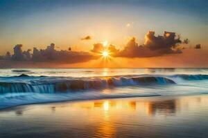 le Soleil monte plus de le océan et vagues s'écraser dans le rive. généré par ai photo