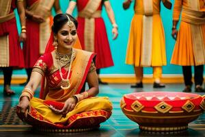 une femme dans traditionnel Indien tenue est assis sur une tambouriner. généré par ai photo