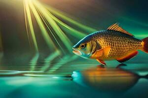 une poisson est nager dans le l'eau avec lumière du soleil brillant. généré par ai photo