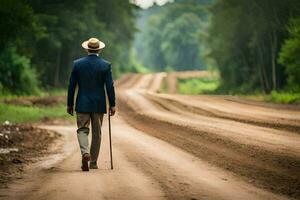 une homme dans une costume et chapeau en marchant vers le bas une saleté route. généré par ai photo