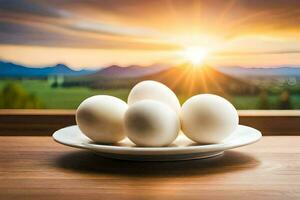 cinq des œufs sur une assiette avec le Soleil réglage derrière eux. généré par ai photo