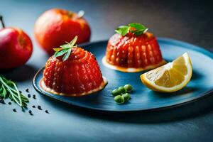 Trois petit desserts sur une bleu plaque. généré par ai photo