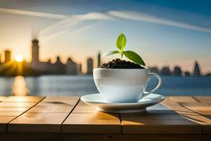 une café tasse avec une plante pousse de il. généré par ai photo