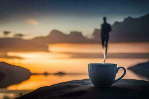 une tasse de café sur une Roche avec une silhouette de une homme. généré par ai photo