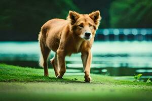 une marron chien est en marchant le long de le herbe près une lac. généré par ai photo
