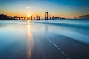 le Soleil est réglage plus de une pont sur le plage. généré par ai photo