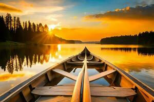 une canoë est sur le l'eau à le coucher du soleil. généré par ai photo