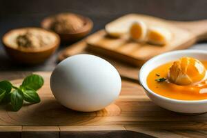 un Oeuf séance sur une Coupe planche suivant à une bol de soupe. généré par ai photo