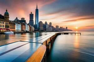 le ville horizon à le coucher du soleil dans Chicago. généré par ai photo