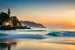 une phare sur le plage à le coucher du soleil. généré par ai photo