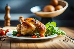 une poulet sur une assiette avec des légumes et herbes. généré par ai photo