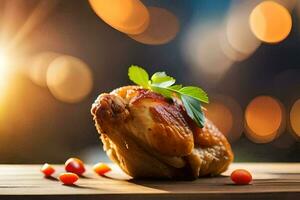 une poulet sur une en bois table avec une brillant lumière derrière il. généré par ai photo