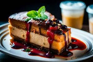 une tranche de cheesecake avec baies et une tasse de café. généré par ai photo