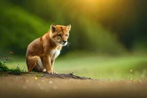 une Jeune Loup séance sur le sol dans le Soleil. généré par ai photo