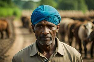 une homme dans une turban des stands dans de face de une troupeau de bétail. généré par ai photo