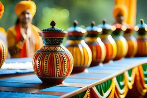 coloré des vases sur une table avec gens dans des turbans. généré par ai photo