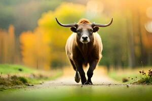 une taureau avec longue cornes en marchant vers le bas une route. généré par ai photo