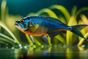 une poisson nager dans le l'eau avec herbe. généré par ai photo