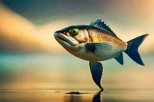 une poisson est sauter en dehors de le l'eau. généré par ai photo