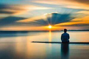 une homme séance sur une Dock à le coucher du soleil. généré par ai photo