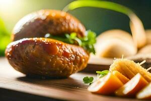 une proche en haut de une boulette de viande sandwich sur une en bois Coupe planche. généré par ai photo