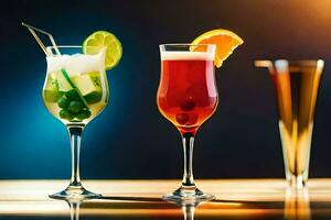 Trois différent des cocktails sur une tableau. généré par ai photo