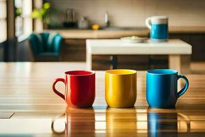 Trois coloré café des tasses sur une en bois tableau. généré par ai photo