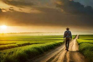 une homme des promenades vers le bas une saleté route dans une champ. généré par ai photo