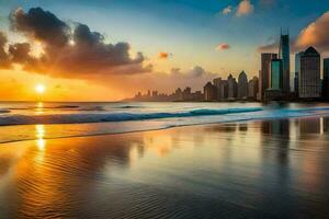 le Soleil ensembles plus de le ville horizon dans Dubai. généré par ai photo