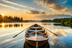 une bateau sur le Lac à le coucher du soleil. généré par ai photo