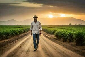 une homme en marchant dans une champ à le coucher du soleil. généré par ai photo