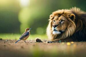 le Lion et le oiseau. généré par ai photo