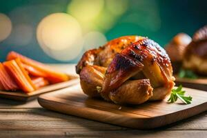 rôti poulet sur une en bois Coupe planche avec carottes. généré par ai photo